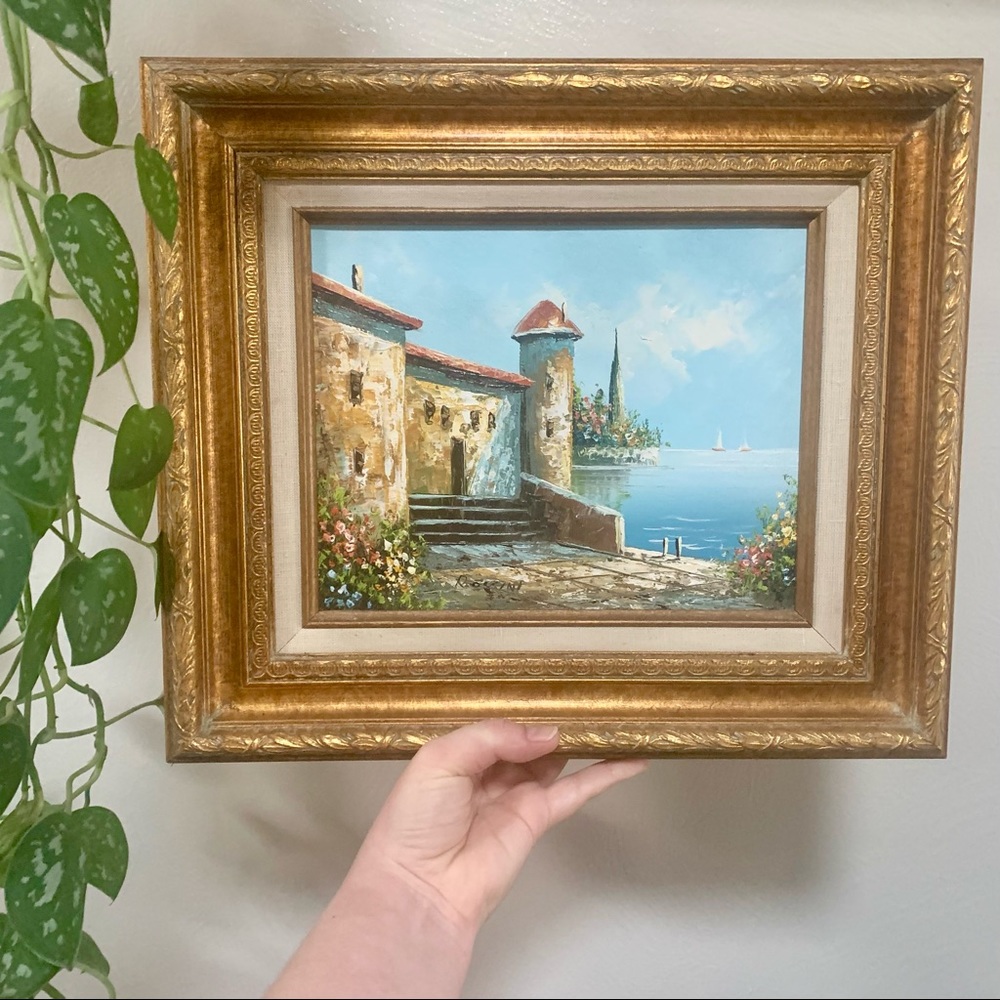 Rossini Signed Oil Painting of A Harbor and Villa